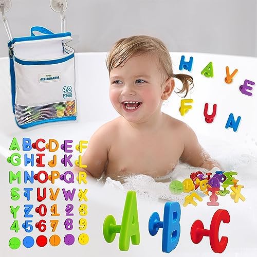 ALPHABATH 42pc Alphabet Letters Numbers Suction Bath Toys Montessori Sensory Preschool Daycare Spelling Basic Math Learning No Mold Free Shower Building Travel Kids Toddlers Ages 1 2 3 4 5 6 Years Old