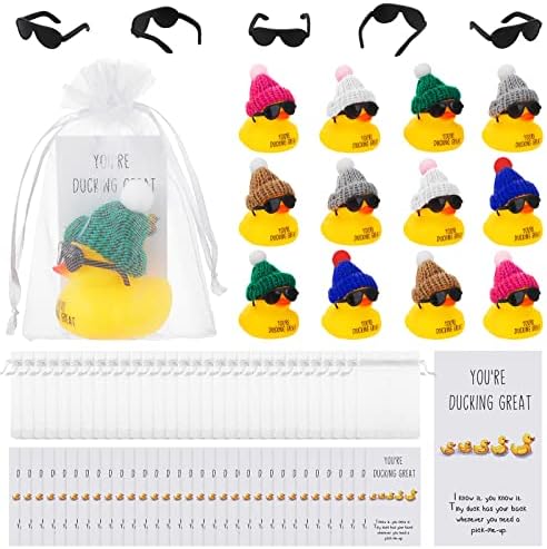 Deekin 30 Sets Thank You Gift Set You're Ducking Great Cheer up Cards Mini Rubber Ducks with Glasses and Hats with Card Organza Bags Bulk Toy for Cruises Kids Students Coworkers Exchange (Hat)