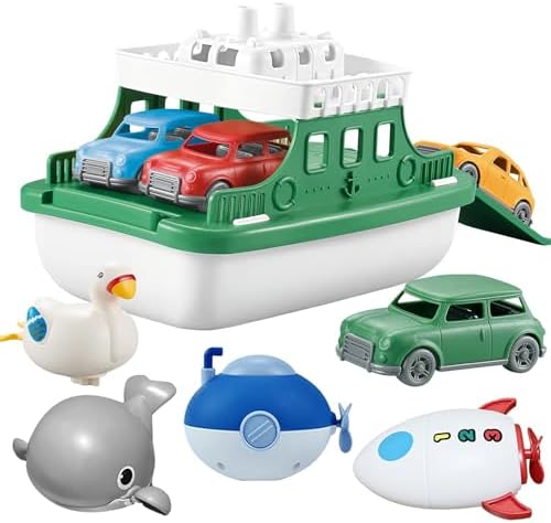 OKGIUGN Ferry Boat Toys Set with 4 Cars and 4 Wind Up Bath Swimming Toys, Kids Bath Toy Floating Vehicle Whales Submarines Swans Rockets, Bathtub Bathroom Pool Beach Toy for Toddlers Boys Girls