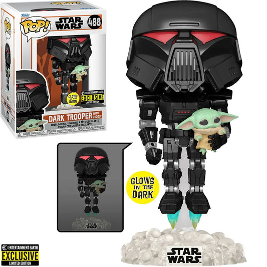 Funko Pop! Star Wars #488 The Mandalorian: Dark Trooper with Grogu Glow-in-the-Dark Exclusive Vinyl Figure 58286 LOW STOCK