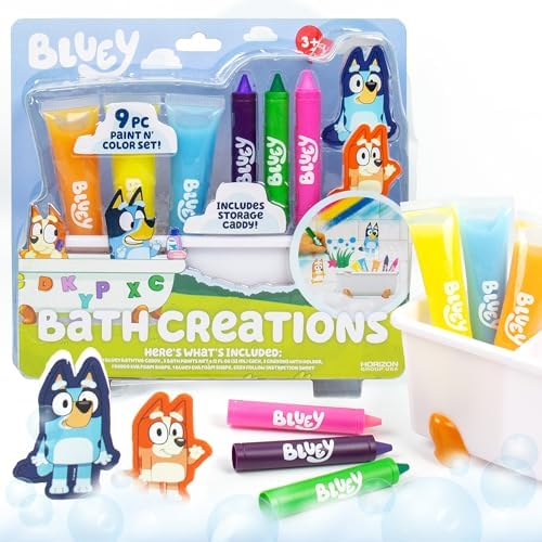 Bluey Bath Creations, 9-Piece Activity Set, Fun Bath Toys, Includes Washable Bath Paints, Bath Crayons, Bath Toy Storage, Bath Paint for Toddlers 1-3, Fun Gifts, Toddler Art Supplies