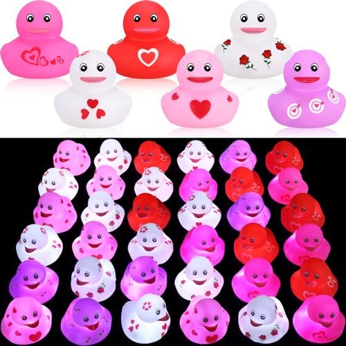 Shappy 48 Pcs LED Light Up Valentine's Day Rubber Ducks 2.17'' Valentine's Day Ducks Bath Toys Valentine Party Favors Decoration Holiday Rubber Duck with LED Light for Class Prize Goodie Bag Filler