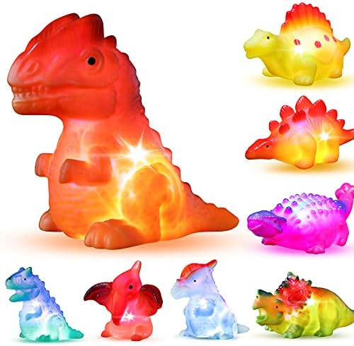 8 Pack Light up No Hole Dinosaur Bath Toy Set, Flashing Color Changing Light in Water, Floating Dino Bathtub Bathroom tub Pool Toy for Baby Infant Kid Toddler Child Boy Girl Preschool in Christmas