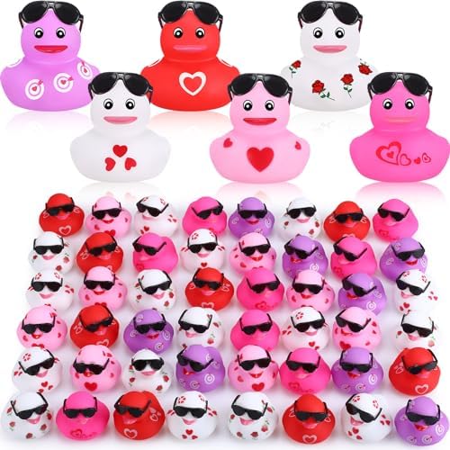 Shappy 48 Pcs Valentine's Day Rubber Ducks 2.17 '' Valentine's Day Ducks Bath Toys Valentine Party Favors Decorations Holiday Rubber Ducks with Sunglasses for Boy Girl Class Prize Goodie Bag Filler